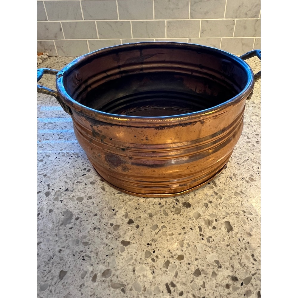 Vintage Copper 7 Inch Planter Rustic Metal Handles Ribbed Farmhouse Decor